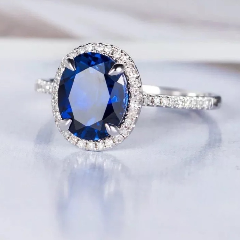 18k WHITE GOLD 3CT SAPPHIRE /DIAMOND Ring - Picture 1 of 7
